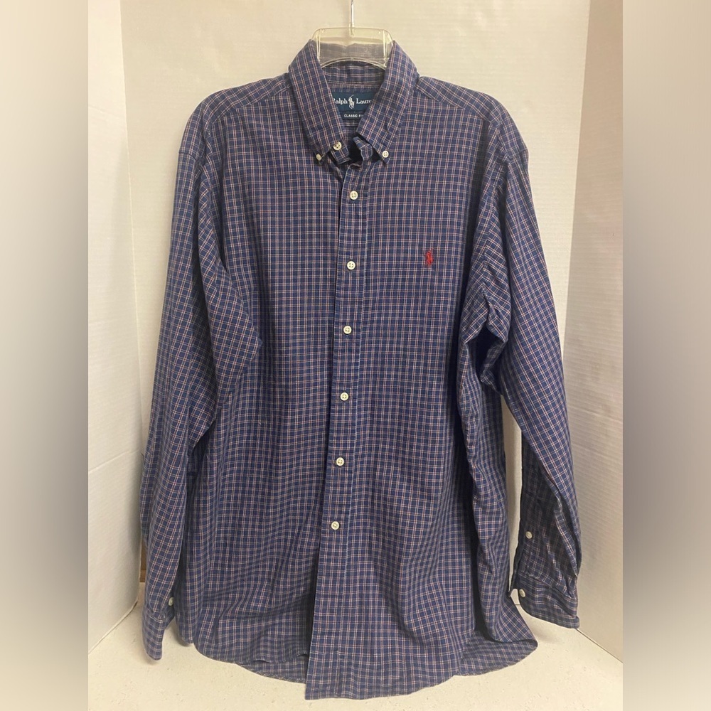 Ralph Lauren Men's Navy and Red Plaid Shirt Classic Fit L